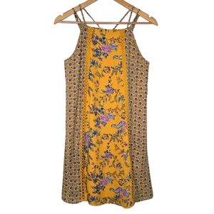 Miami Yellow Colorful Floral Crochet Strappy Boho Chic Summer Dress Size Medium